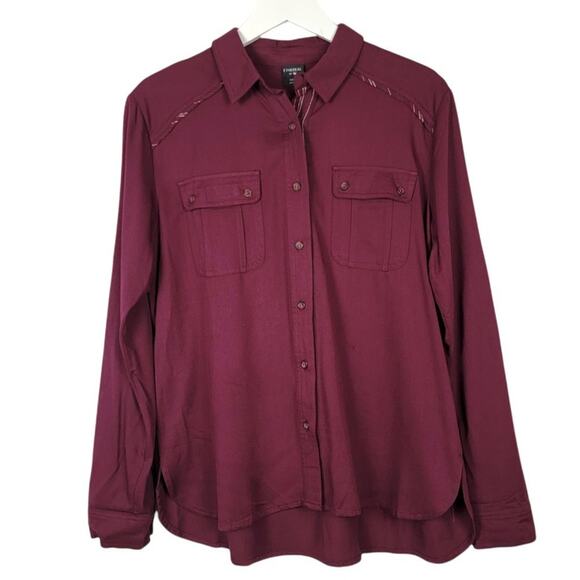 ETHEREAL by PAPER CRANE Anthropologie Wine Red Rayon Button Up Shirt - S - Picture 2 of 8